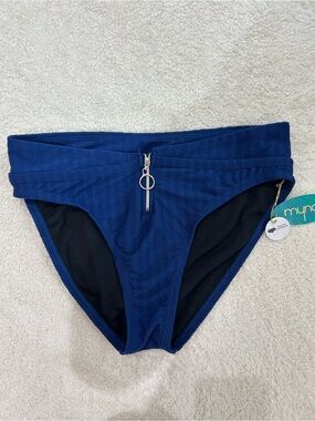 NWT Mynah Navy Blue Textured Zipper Bikini Swim Bottoms Medium Coverage Size M